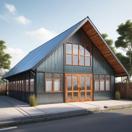 Prompt: Single storey A-shaped building structure) with corrugated iron sheet walls (3D rendering), vivid details, texture of iron sheets and timber frames poles. Horizontal Glass windows with wire mesh all round. External renders only. One long horizontal Glass windows. One A shaped entrance double glass door