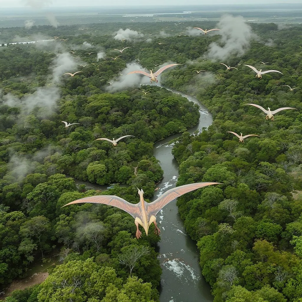 Prompt: Uno stormo di pterodattili che vola sopra una foresta preistorica con un fiume che scorre in mezzo. Visto dall'alto, super realisyico