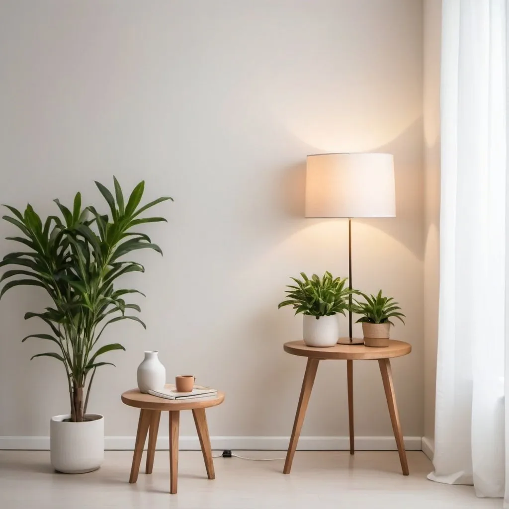 Prompt: "A well-lit room with a simple, clean wall in light, neutral colors such as white or beige. The wall is adorned with a few small, simple potted plants placed on shelves or directly on the floor, adding a touch of greenery and freshness to the scene. In front of the wall, there is a small wooden side table with a minimalist design. On the table sits a stylish lamp with a modern, sleek lampshade. The overall look is clean, minimalistic, and well-organized, with bright, even lighting that eliminates any shadows, making it an ideal background for a YouTube video."
