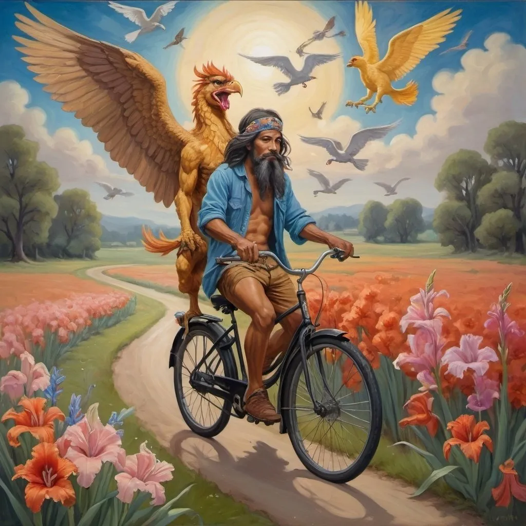 Prompt: oil painting in the style of Jody Lee, a man with caramel skin, a griffin's face, wings and tail, dressed like a hippie, under a sky full of birds, riding a bicycle on a winding path through a field of gladiolus, smoking a lit joint