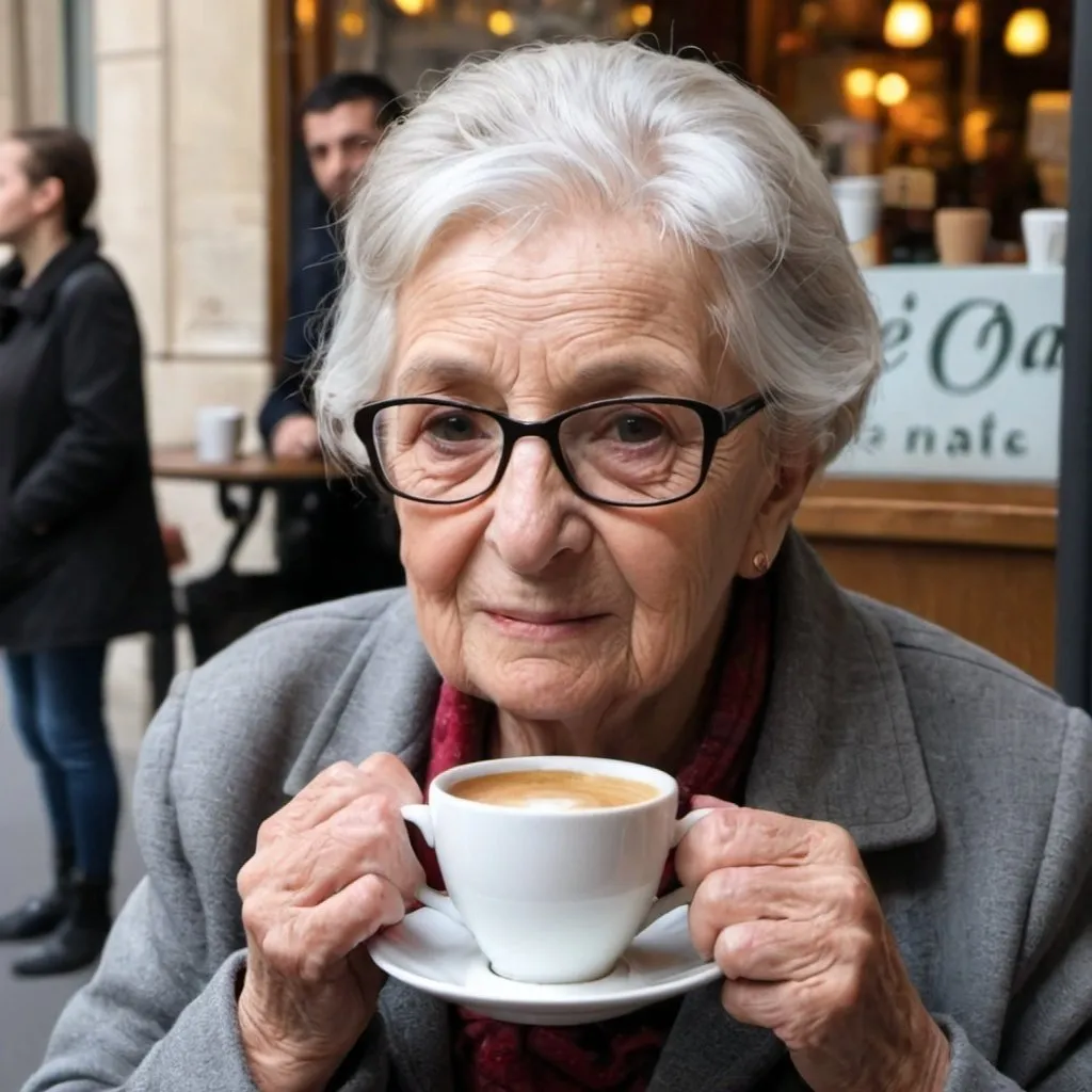 Prompt: une grand mere qui se détend avec un café à paris
