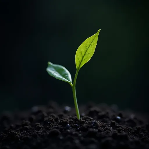 Prompt: Dark very young growing leaf of spring minimal and dark background 