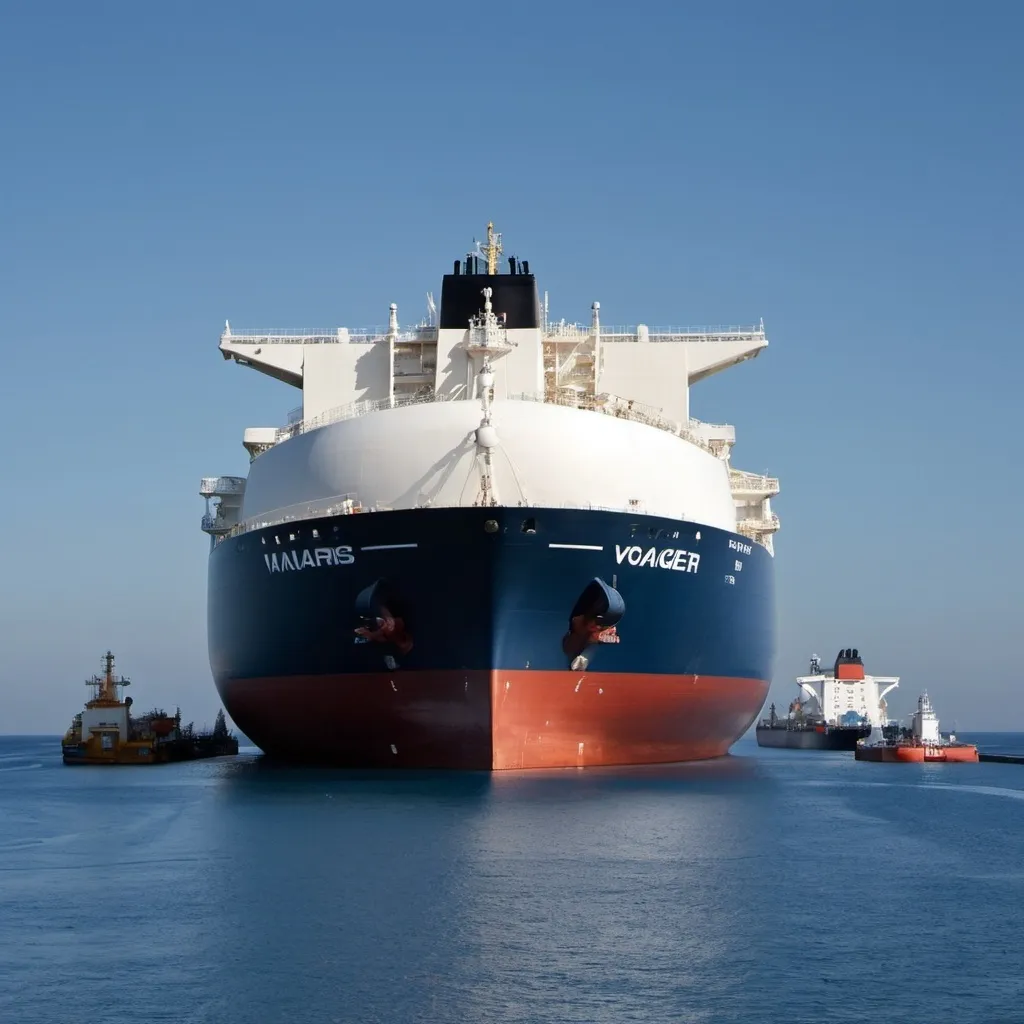 Prompt: 
Background: Open sea with a clear blue sky and minimal clouds.
Vessel: A large LNG carrier with spherical tanks, painted in a dark color with a white superstructure. The ship is in the process of loading or unloading, with visible deck equipment and pipelines.
Details: The ship's name : COOL VOYAGER 
COMPANY'S NAME : THENAMARIS 