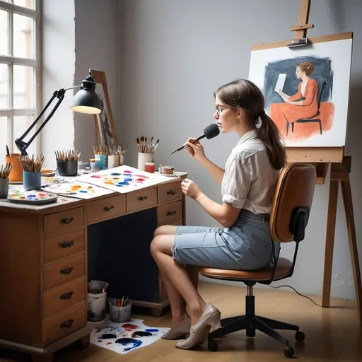 Prompt: a woman sitting in a chair is painting a picture and a microphone in her hand, in front of a desk with a sign and a chair, Andries Both, symbolism, studio quality, a poster