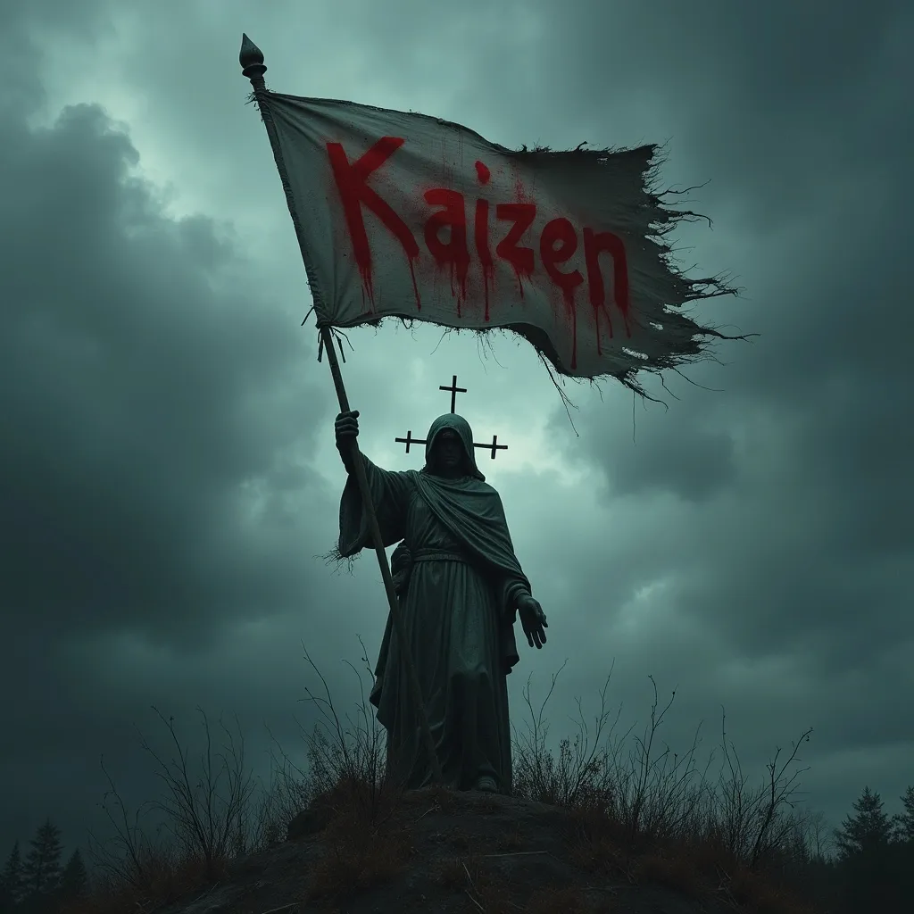 Prompt: A chilling and dramatic scene of a weathered statue holding a blood-stained flag with the text "Kaizen" emblazoned on it. The background is filled with a menacing and dark stormy sky, casting a chilling glow on the surroundings. The flag, now tattered from years of neglect, hangs limply from the statue's hand, flapping slightly in the wind. The cross sign on the statue stands as a symbol of faith amidst the ominous atmosphere.