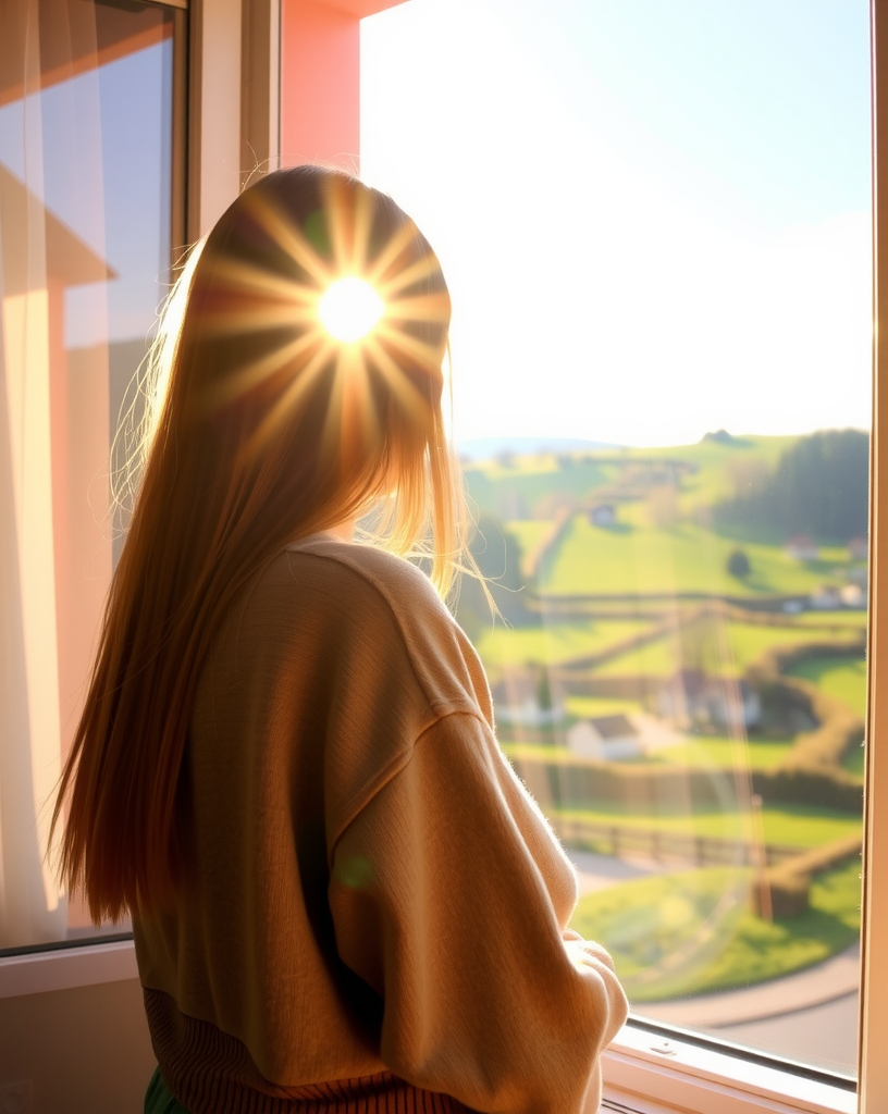 Prompt: 
"A peaceful scene of a young woman standing by a window, her back to the camera, basking in the warm sunlight of a clear day. Her long hair reflects the golden light, and she is wearing a cozy, casual sweatshirt. Outside the window, a picturesque countryside with rolling green hills, charming cottages, and a blue sky creates a tranquil backdrop. The sunlight forms a gentle lens flare across the image, adding a dreamy and serene atmosphere."

