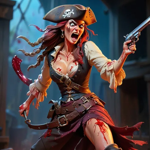 Prompt: Pirate wench covered in blood, swinging a blood-drenched sword, holding a pistol, intense battle scene, high quality, realistic, historical, detailed blood stains, dramatic lighting, action-packed, pirate theme, fierce expression, traditional painting style, vibrant colors, dynamic composition