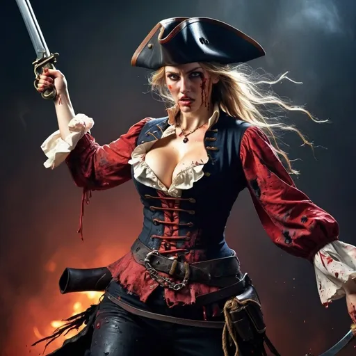 Prompt: Pirate wench covered in blood, swinging a blood-drenched sword, blouse torn,  holding a pistol, intense battle scene, high quality, realistic, historical, detailed blood stains, dramatic lighting, action-packed, pirate theme, fierce expression, traditional painting style, vibrant colors, dynamic composition