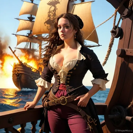 Prompt: Moderately fat brunette pirate wench in a tight outfit, distant pirate ship firing a cannon, realistic oil painting, dramatic lighting, high quality, detailed facial features, historical, adventurous, pirate theme, wooden ship, intense action, vintage color palette, professional, dynamic composition
