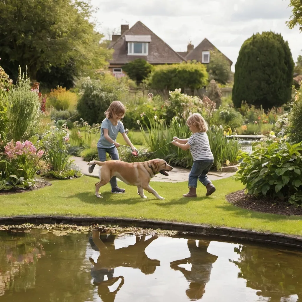 Prompt: Two children playing with a dog in a garden setting with pond