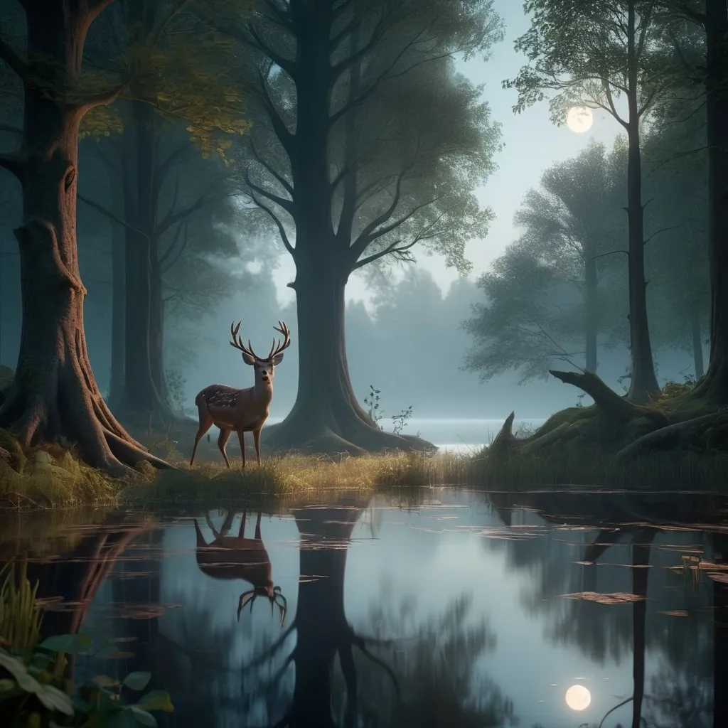 Prompt: a mysterious forest next to a lake, high quality, unreal engine with a deer