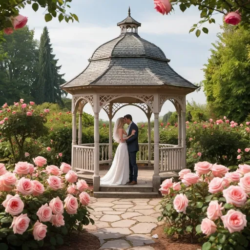 Prompt: A rose garden with a gazebo and couple in love