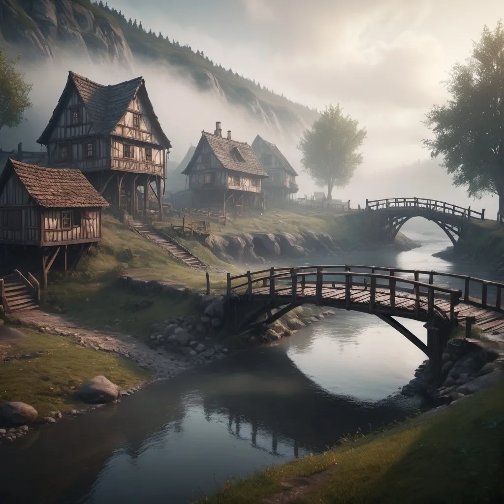 Prompt: small settlement, foggy, bridge and river, dramatic fantasy settlement scene, cinematic lighting