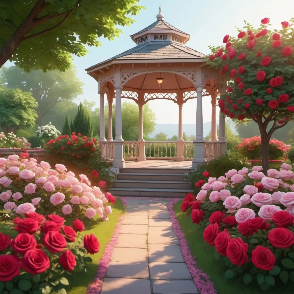 Prompt: A rose garden with a gazebo and couple in love