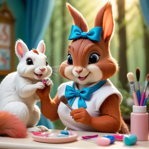 Prompt: "A little squirrel and a white rabbit with a blue bow around their necks are working together in a manicure parlor. In front of them is a beautiful woman's hand with long, graceful fingers. The squirrel is applying nail polish to one nail with a brush, and the bunny with a smile is applying it to the other nail, concentrating and carefully. Soft lighting, romantic atmosphere, detailed style, pastel colors".lf ranger in a mystical forest around sunlight