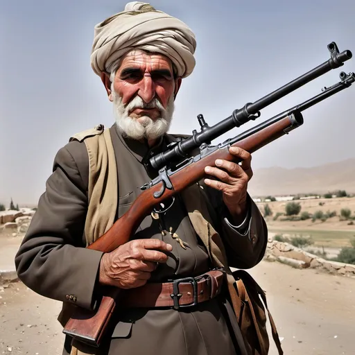 Prompt: The old wariorr kurd with rifle gun kar98k