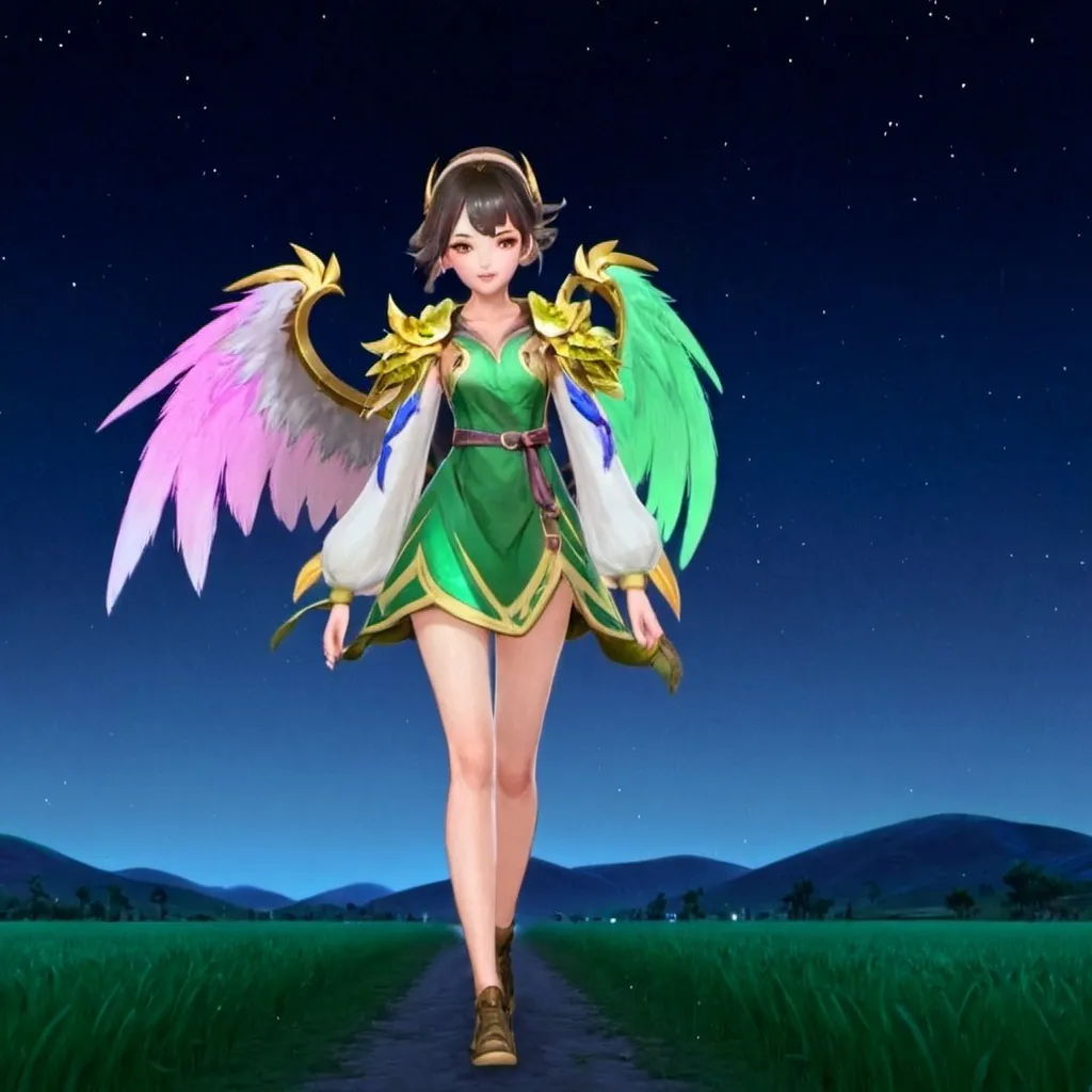 Prompt: a woman in a dress with wings on her back walking across a field at night with a sky background, Fan Qi, sots art, splash art, concept art