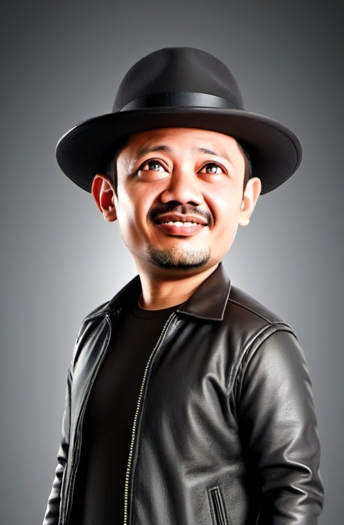 Prompt: Create a full 3D cartoon with a big head. A 34-year-old Indonesian man. Tall, rather chubby, wearing a black leather jacket and hat, oval face shape. Handsome, slightly round eyes, pure white skin, thin smile. Black hair with sides. Wearing a white shirt. White background. Use soft photographic lighting, hair lighting, top lighting, side lighting. Highest quality photos, Uhd,