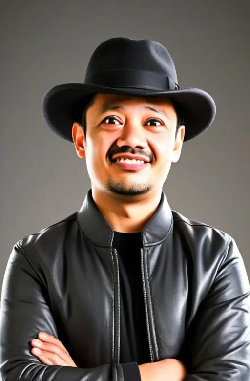 Prompt: Create a full 3D cartoon with a big head. A 34-year-old Indonesian man. Tall, rather chubby, wearing a black leather jacket and hat, oval face shape. Handsome, slightly round eyes, pure white skin, thin smile. Black hair with sides. Wearing a white shirt. White background. Use soft photographic lighting, hair lighting, top lighting, side lighting. Highest quality photos, Uhd,