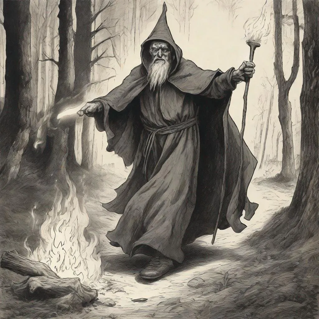 Prompt: a drawing of a very old, wretched wizard in a cloak, casting a battle flame, dark woods on a trail, injured people fleeing