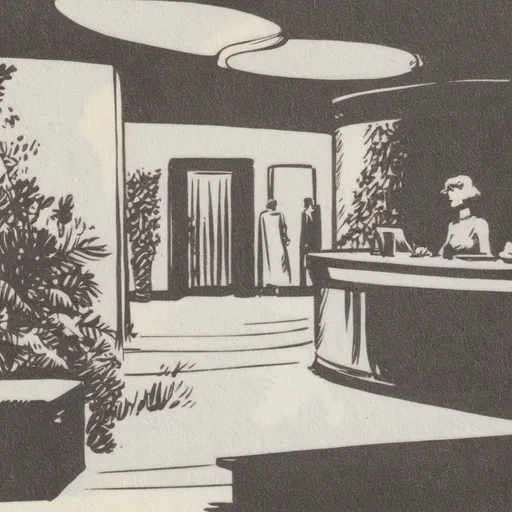 Prompt: Bathed in warm ambient light, a modern reception area exudes an inviting atmosphere with a clean and minimalistic design. A central wooden reception desk features a simplistic figure awaiting patrons, embodying a welcoming spirit, while large, bold lettering spells out "Welcome" on the wall behind. Flanking the desk, lush green plants add a touch of nature, enhancing the serene mood of the space. Sleek tiles underfoot and a large glass entrance allow for natural light to pour in, emphasizing the contemporary aesthetic. The scene conveys a sense of readiness and hospitality, perfectly reflecting a fitness center's intention to promote wellness and inclusivity.