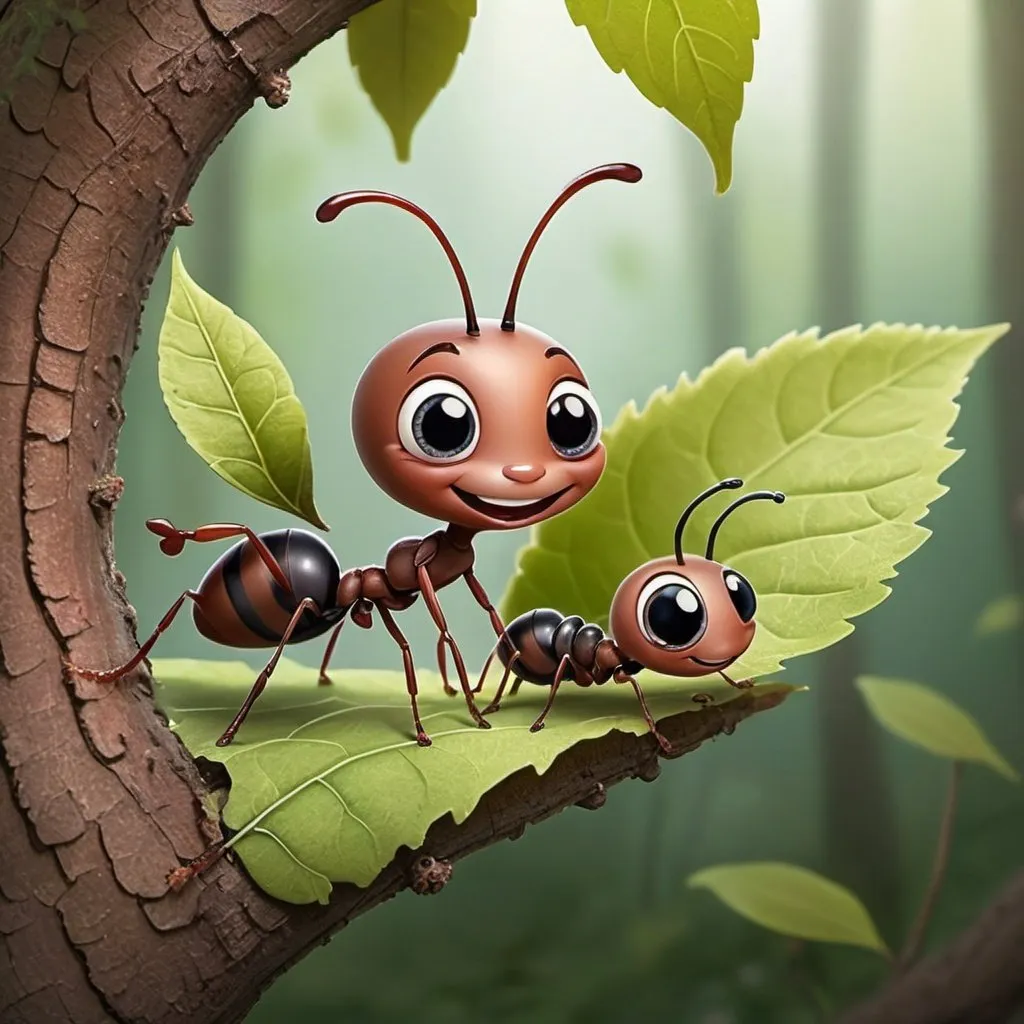 Prompt: A cute, feminine-looking wingless wood ant with big, smiling eyes is crawling on a large, fairytale-like leaf tree. The second person is a lovely-looking female worker ant, who also has big, bright eyes and is looking at the ant. The two become friends.
