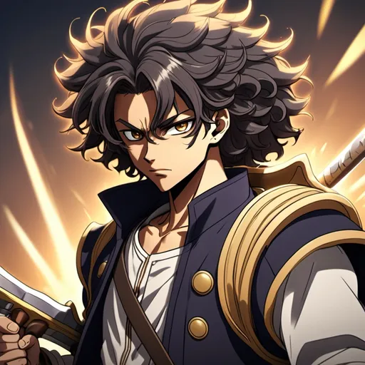 Prompt: make a video of a anime chraracter with long curly hair like ussop and he has a big slingshot called m-sling and hes about to go into a battle with a guy with a huge sword and he cant defeat him and hes name is m-bas and the villan is lightining armond and m-bas is lightskinned like sudanese and mexican