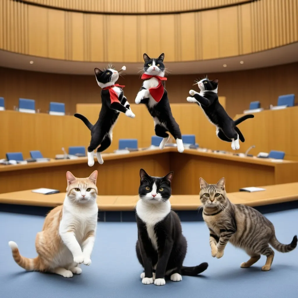 Prompt: a herd of unruly cats jumping around in the european court of justice