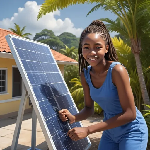 Prompt: Jamaican teen installing solar panel, blue jumpsuit, photorealism, sunny day, detailed facial features, realistic lighting, professional rendering, photorealistic style, vibrant colors, tropical setting, realistic shadows, high quality, detailed environment, hardworking, sunny atmosphere, outdoor scene