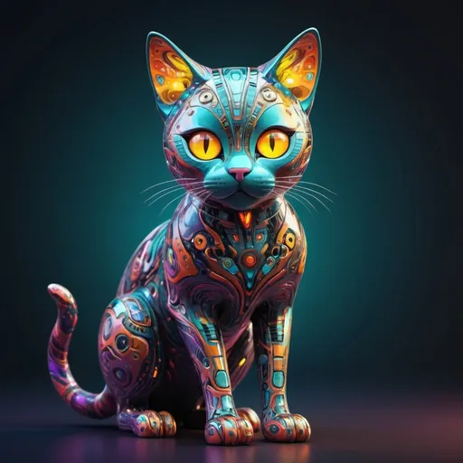 Prompt: (A digital cat full body), (vibrant colors), (futuristic design), sleek, and smooth features, glowing eyes, playful expression, intricate digital patterns and textures, bright shimmering highlights, tech-inspired background with abstract shapes, high-resolution, ultra-detailed rendering, whimsical atmosphere, captivating and lively energy, perfect for a digital art theme.