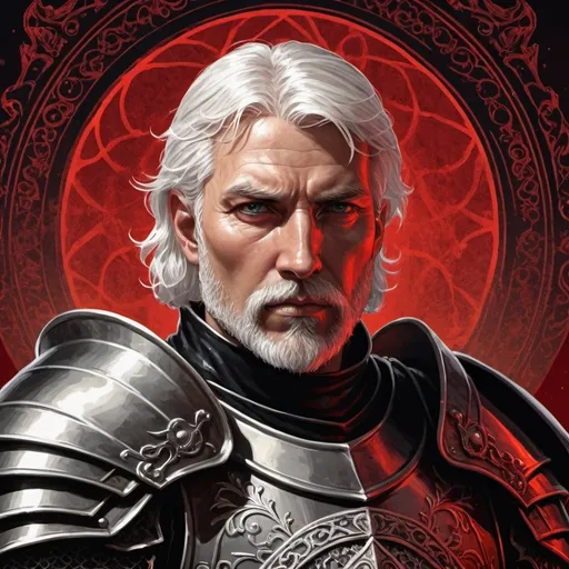 Prompt: tarot card Elden Ring Style illustration, a mature knight with white short-medium hair and beard, black detailed armor, with  extreme close up angle , dramatic red lighting, and extreme contrast red background