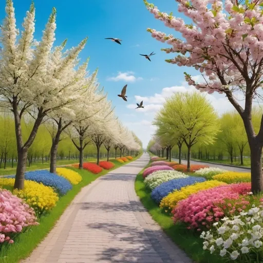 Prompt: The paved path is full of flowers and plants, at the end of which is a green flag.
On both sides of the road, there are newly blossomed trees, green trees, colorful path, blue sky and beautiful birds, the atmosphere is spring and promises a future full of hope.