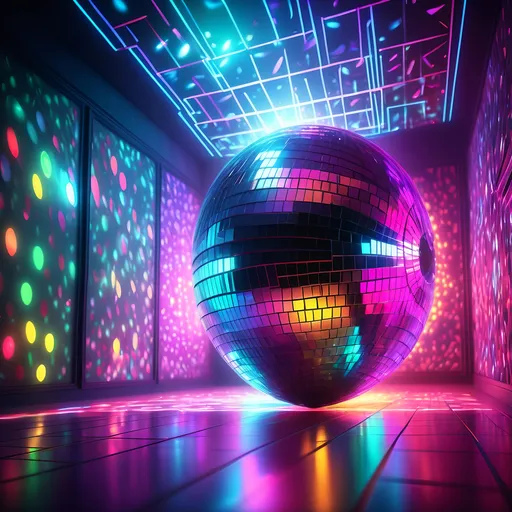 Prompt: (disorienting disco ball), brightly lit room, (vibrant neon lighting), eye-catching hologram, walls adorned with colorful lights, flashy flooring, echoing kitsch movement, energy and exuberance radiating, high depth cinematic ambiance, ultra-detailed, 4K resolution, lively atmosphere with reflections dancing across surfaces.