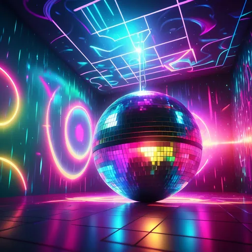 Prompt: (disorienting disco ball), brightly lit room, (vibrant neon lighting), eye-catching hologram, walls adorned with colorful lights, flashy flooring, echoing kitsch movement, energy and exuberance radiating, high depth cinematic ambiance, ultra-detailed, 4K resolution, lively atmosphere with reflections dancing across surfaces.