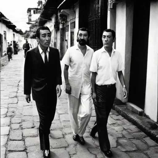 Prompt: Yukio Mishima and Julio Cortázar walking by the streets of Granada, Nicaragua.
