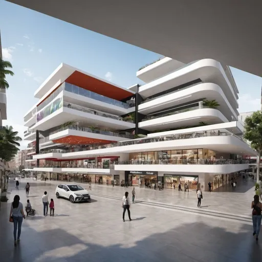 Prompt: Puedes crear un centro comercial que se vea desde afuera tiene 7 pisos moderno y plaza cerrada 