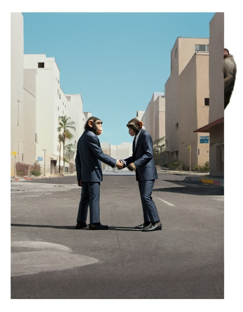 Prompt: two monkeys in suits shaking hands with each other in a parking lot with buildings in the background and a blue sky, Beeple, symbolism, vfx, poster art