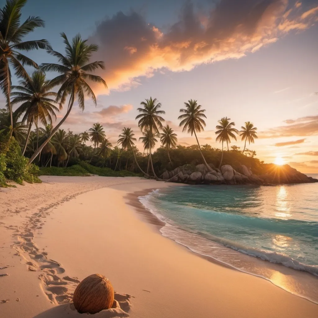 Prompt: A tropical island over looking a sunset that has sand, palm trees,  and coconuts