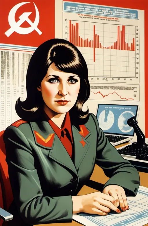 Prompt: A 1970's style soviet union propaganda poster showung rachel reeves sitting ata desk. Behind her is a graph with a downward trend. Hammer and sickle in the corner