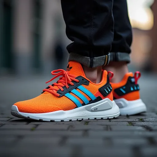 Prompt: Stylish sneakers, (vibrant colors), (modern design), high-quality textures, dynamic composition, (sleek and comfortable look), emphasis on shoelace detailing, energetic atmosphere, cool lighting, (urban background), perfect for streetwear, showcasing innovative styles and distinct patterns, made for comfort and performance, ultra-detailed, appealing to contemporary fashion enthusiasts.