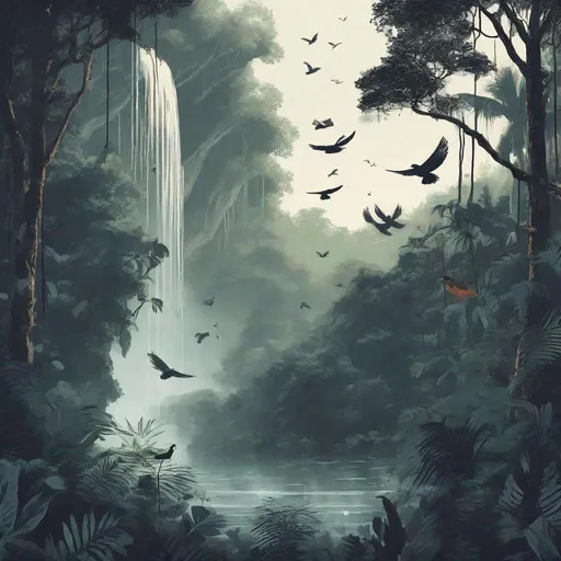 Prompt: In a dark but calm forrest/jungle with a waterfall and birds flying around
