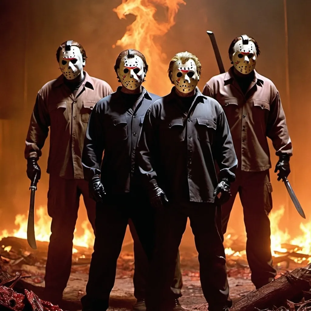 Prompt: Jason Vorhees and Micheal Myers standing as body guards for satan himself down in hell