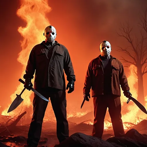 Prompt: Jason Vorhees and Micheal Myers standing as body guards for satan himself down in hell