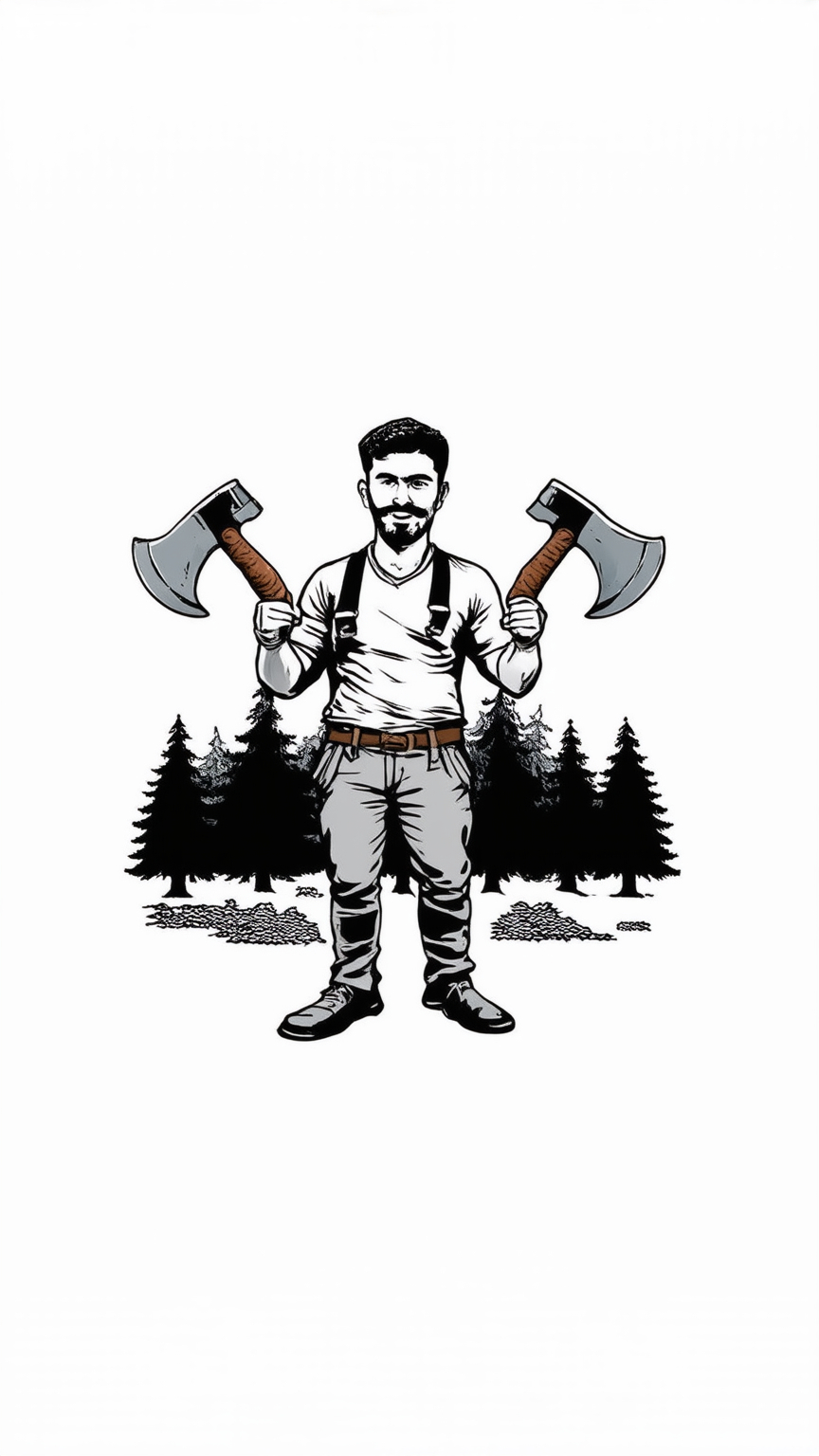 Prompt: a man with two axes standing in front of a forest logo on a white background with a black and white background, Farid Mansour, figurativism, sticker, a character portrait