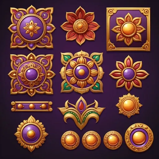 Prompt: Create UI elements for a mythology-based mobile game with a strong Indian influence. The buttons and interface should incorporate traditional Indian motifs, such as patterns inspired by mandalas, paisleys, and lotus flowers, but with a simpler design suitable for mobile gaming. Use a rich color palette including deep golds, vibrant reds, and lush greens, set against a dark purple background. The buttons should have a streamlined design, resembling ancient Indian architecture and jewelry, with accents of golden and silver colors. Include elements like simplified traditional Indian borders, deity symbols, and elegant scripts to enhance the cultural aesthetic.





