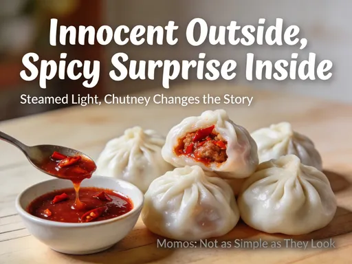 Prompt: मैं हूँ मोमोज़। बाहर से मासूम, अंदर से तीखा सरप्राइज। भाप में पका हूँ, इसलिए हल्का लगता हूँ, पर चटनी के साथ कहानी बदल जाती है। जितना आसान दिखता हूँ, उतना साधारण नहीं हूँ।