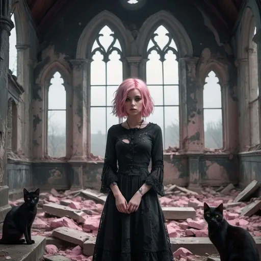 Prompt: a girl with pink hair with two black cats stands amidst a ruined gloomy church