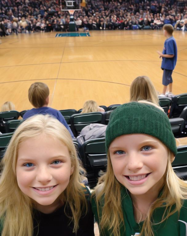 Prompt: Two blonde girls at a basketball game