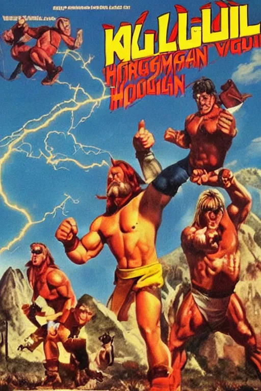 Prompt: vintage movie poster kulk kogan, hulk hogan, pointing dwarves, lightning, mountain, 1 9 8 2, drew struzan inspiration