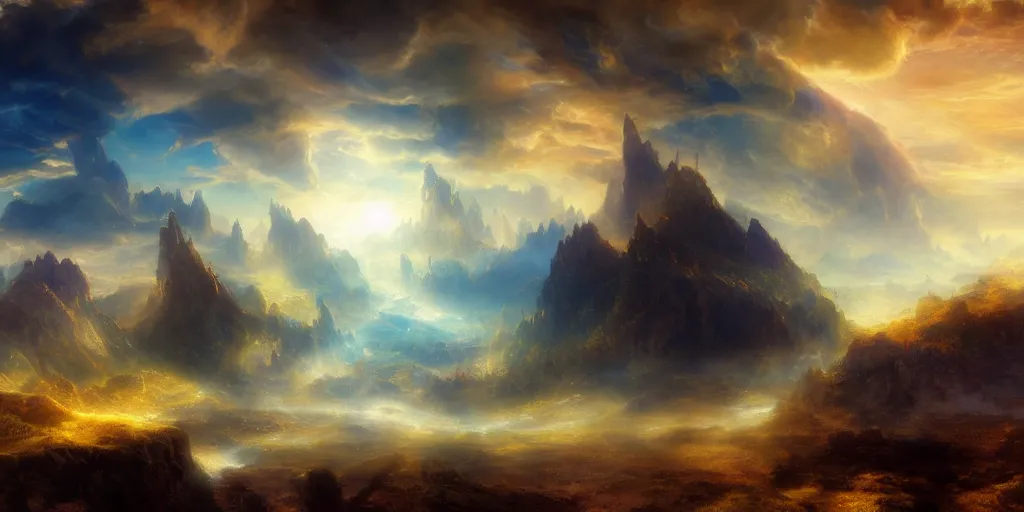 Prompt: an unseen landscape, untouchable, detailed, cinematic landscape, atmospheric lightintg, colorfull sky, dynamic angle, good composition, fantasy world, upon the clouds, trending on artstation art by thomas moran